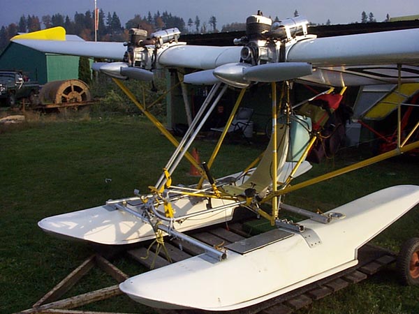 Lazair ultralight on floats with Rotax 185 engines with re-drives.