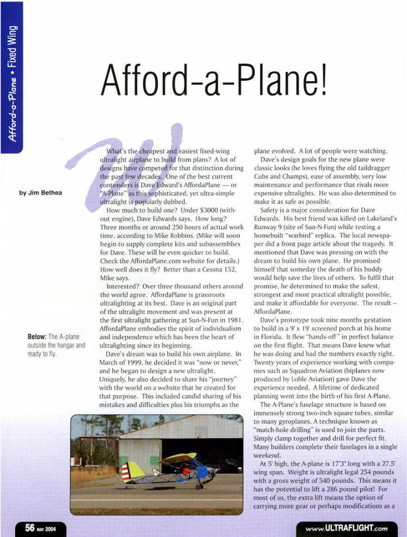 Affordaplane, Affordaplane plans built ultralight and light sport aircraft review page 1 UltraFlight magazine.