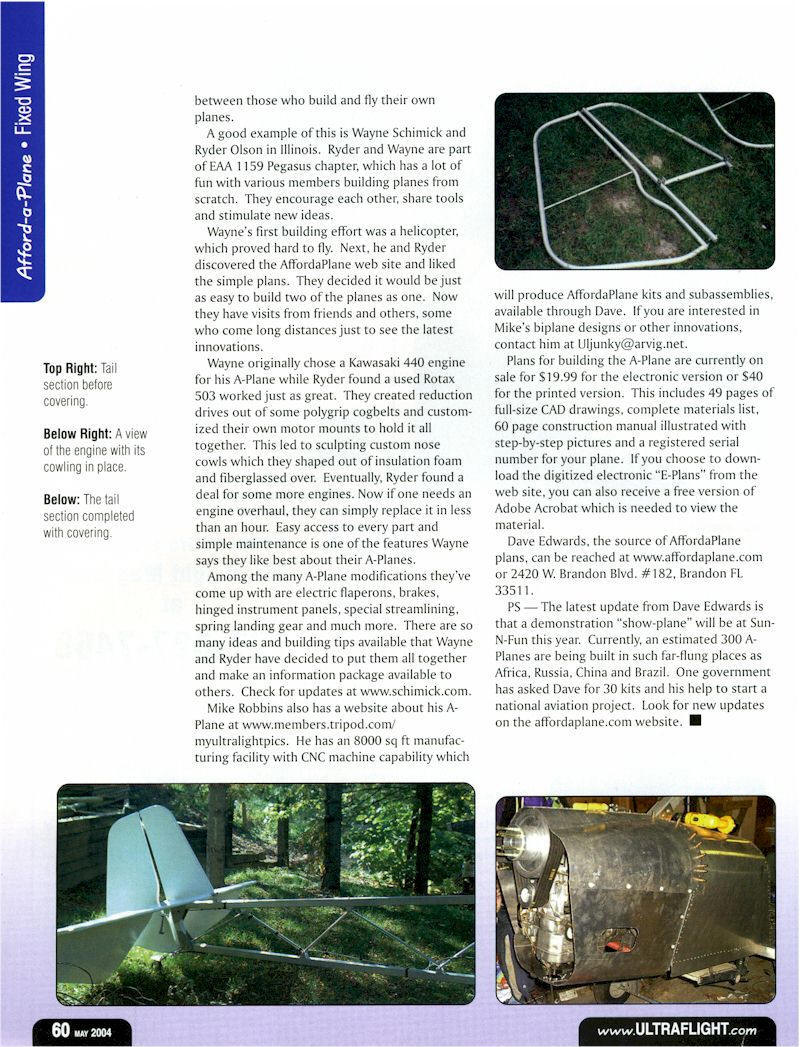 Affordaplane, Affordaplane plans built ultralight and light sport aircraft review page 3 UltraFlight magazine.